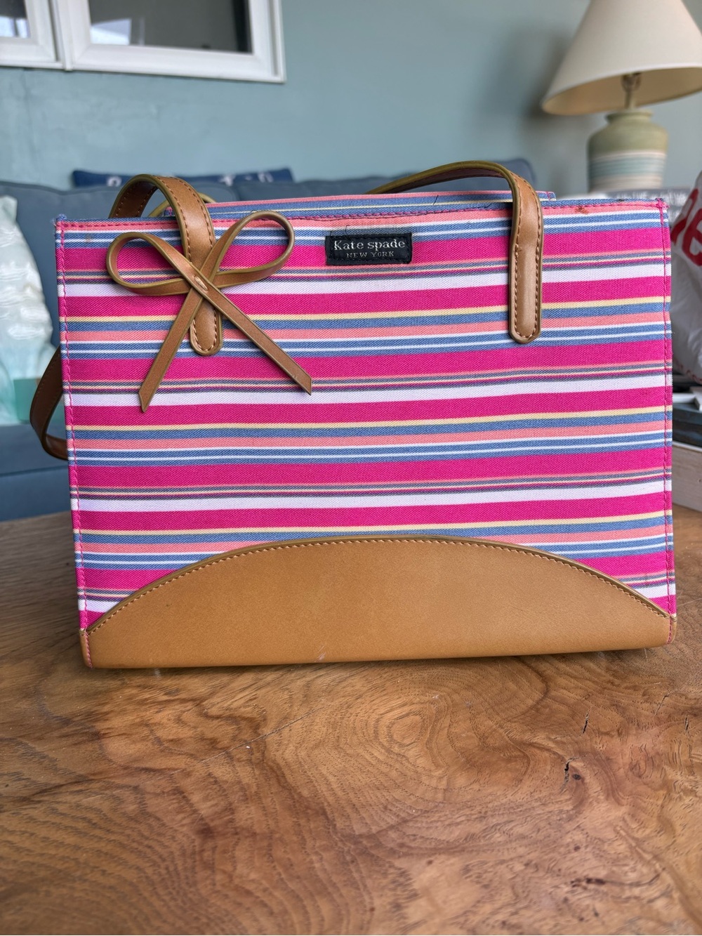 Kate Spade Striped Pink Canvas Tote with Tan Trim and Bow